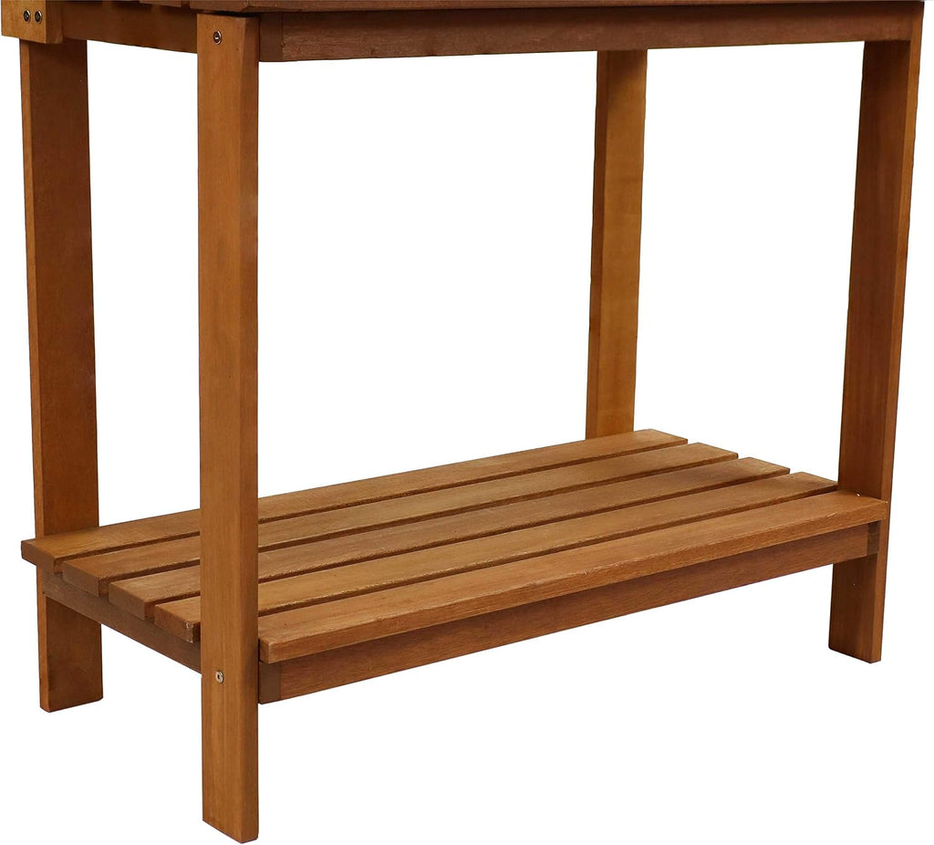 Sunnydaze 42-Inch Meranti Wood Outdoor Potting Bench with Storage Shelf - Teak Oil Finish