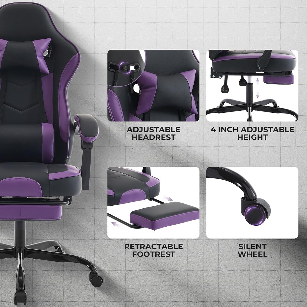 Gaming Chair with Footrest, Ergonomic Computer Chair with Headrest and Lumbar Support, Breathable Material Height Adjustable Swivel Video Game Chairs for Adults, 300lbs Max, Black & Purple