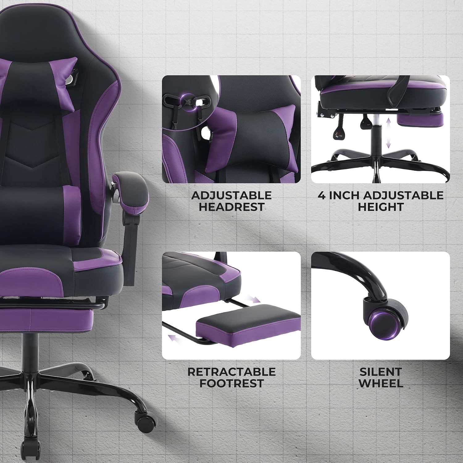 Gaming Chair with Footrest, Ergonomic Computer Chair with Headrest and Lumbar Support, Breathable Material Height Adjustable Swivel Video Game Chairs for Adults, 300lbs Max, Black & Purple