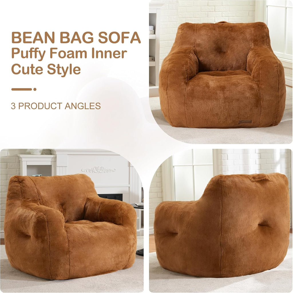 Hobestluk Bean Bag Chair for Adult Small Bean Bag Chairs with Arms Furry Beanbag Chair with Foam Filler Stuffed Bean Bag Sofa for Reading in Bedroom Living Room and Dorms(Brown)