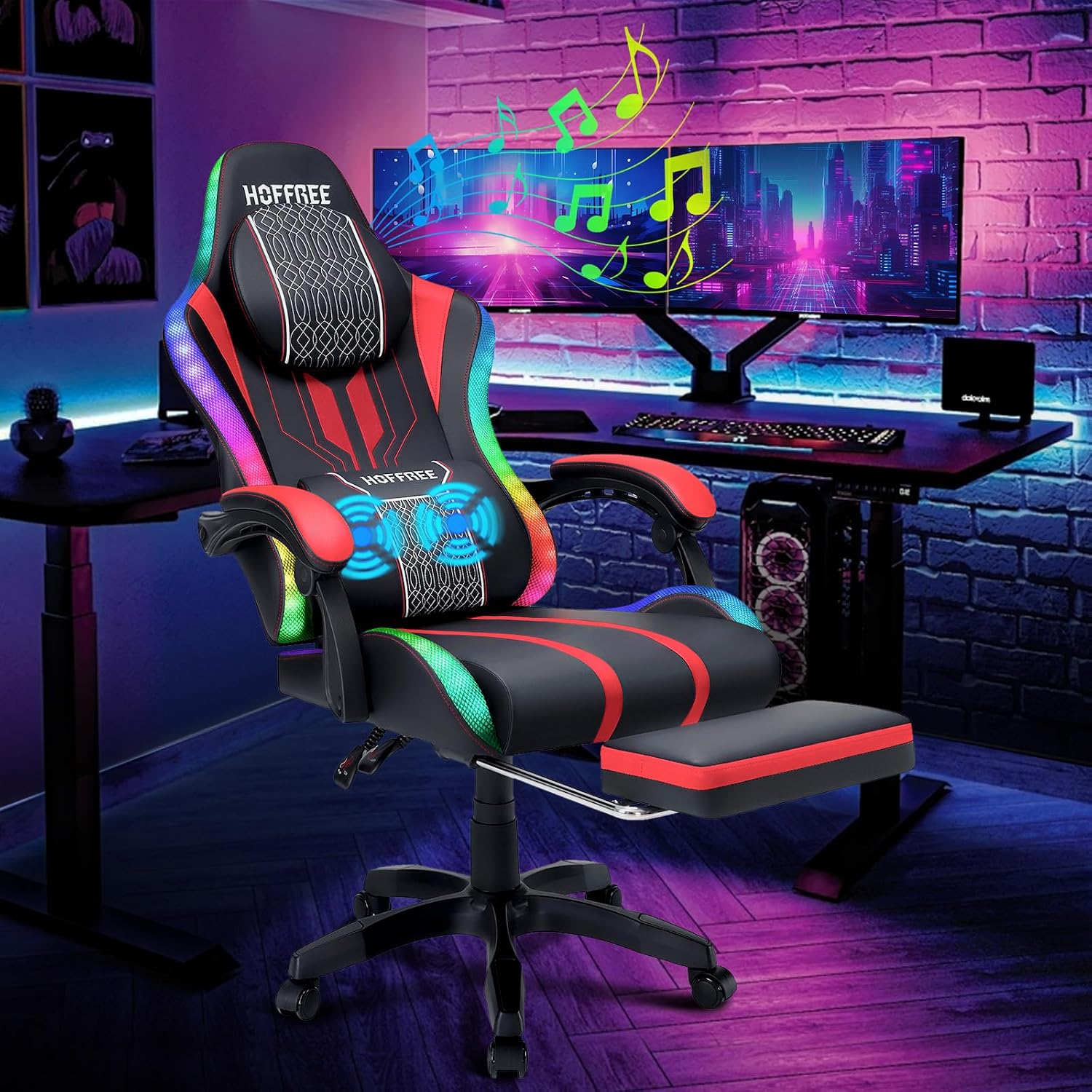 HOFFREE LED Gaming Chair with Speakers and Massage Video Game Chair Big and Tall with Footrest Gamer Chair for 400lbs Computer Desk Chair Red and Black, Red+black, HOGC-MAX303