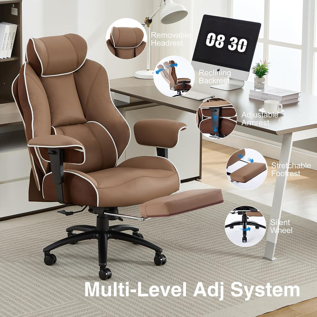 DJ·Wang Big and Tall Office Chair with Foot Rest, High Back Executive Office Chair PU Leather, Ergonomic Chairs with Lumbar Support, 135° Reclining Chairs with Thickened Spring Cushion Brown