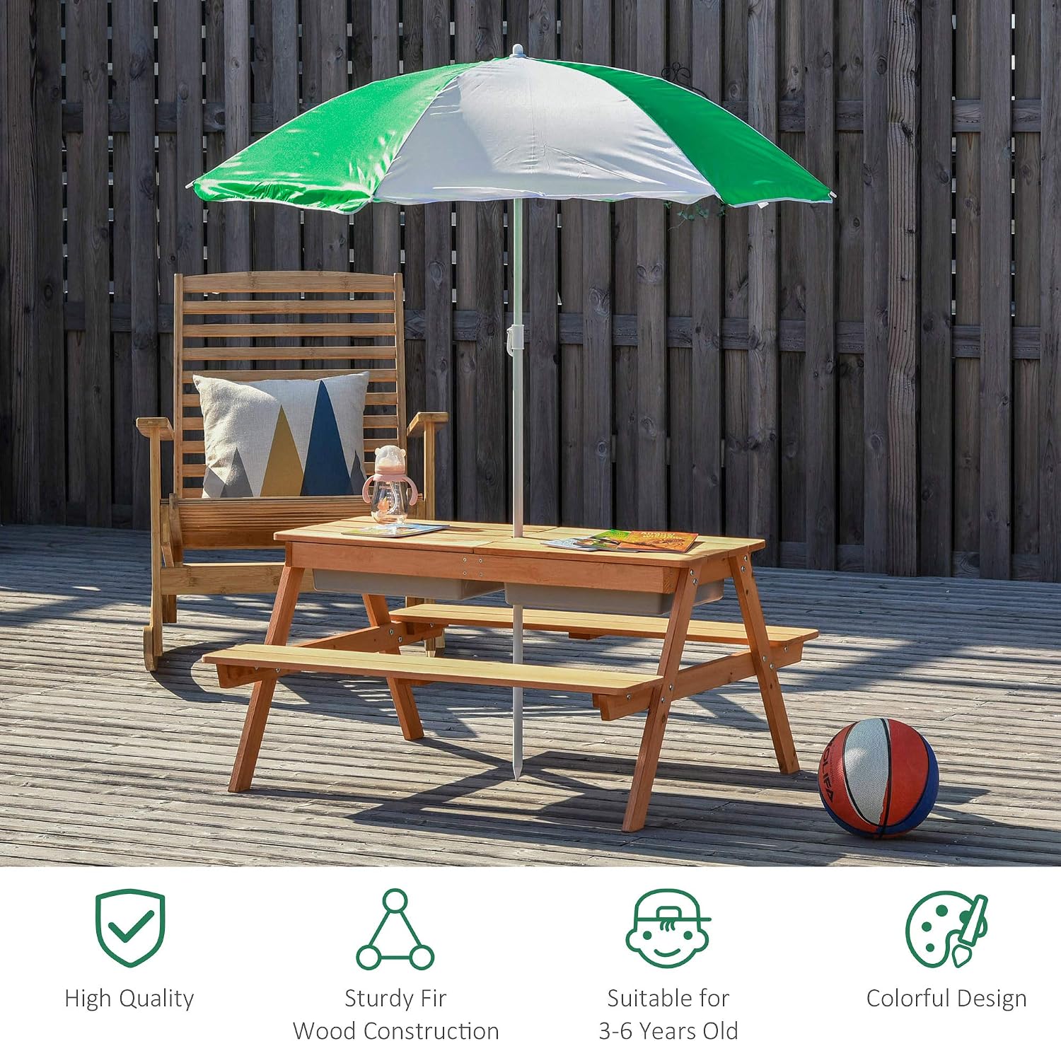 Outsunny Kids 3 in 1 Sand and Water Table, Wooden Outdoor Convertible Picnic Table with Umbrella and Storage Inside, Bench Backyard Furniture for Garden, Patio, or Balcony