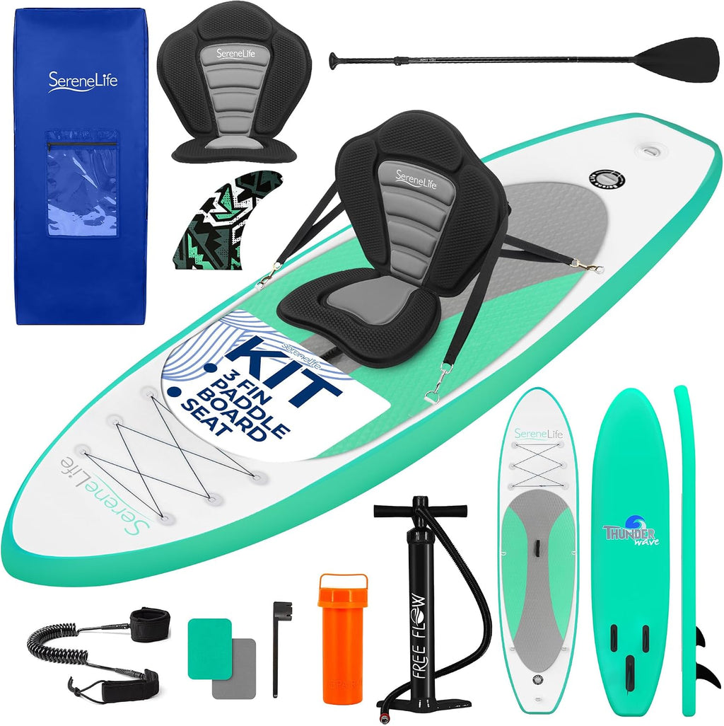 SereneLife Inflatable Stand Up Paddle Board and Detachable Seat - SUP Paddleboard Set for Adults and Youth, 32' Wide Design with Non-Slip EVA Deck Pad and Marine-Grade Materials, 350 lbs Capacity
