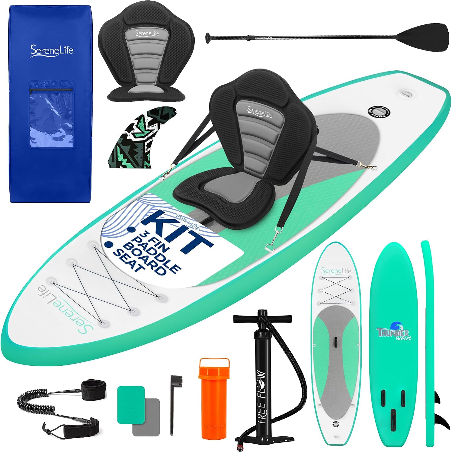 SereneLife Inflatable Stand Up Paddle Board and Detachable Seat - SUP Paddleboard Set for Adults and Youth, 32' Wide Design with Non-Slip EVA Deck Pad and Marine-Grade Materials, 350 lbs Capacity