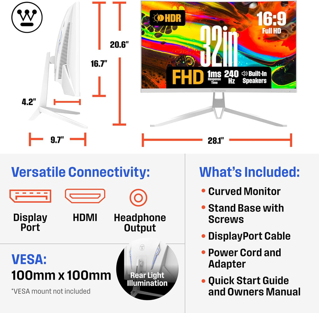 Westinghouse 32 Inch Curved Gaming Monitor, 240Hz, 1ms, FHD 1080P, 1500R, 3000:1 Contrast Ratio, 118% sRGB, AMD FreeSync, Eyecare, for PC Games with Built-in Speakers, DisplayPort, HDMI-White