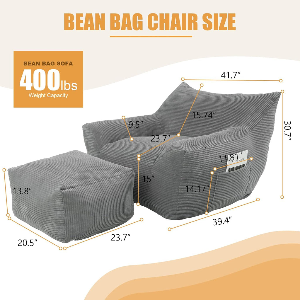Giant Bean Bag Chair with Ottoman, Comfy Bean Bag Couch with 2 Side Pocket, Corduroy Boneless Couch Chair in a Box, Stuffed Lounge Floor Sofa for Dorm, Bedroom, Living Room, Gray
