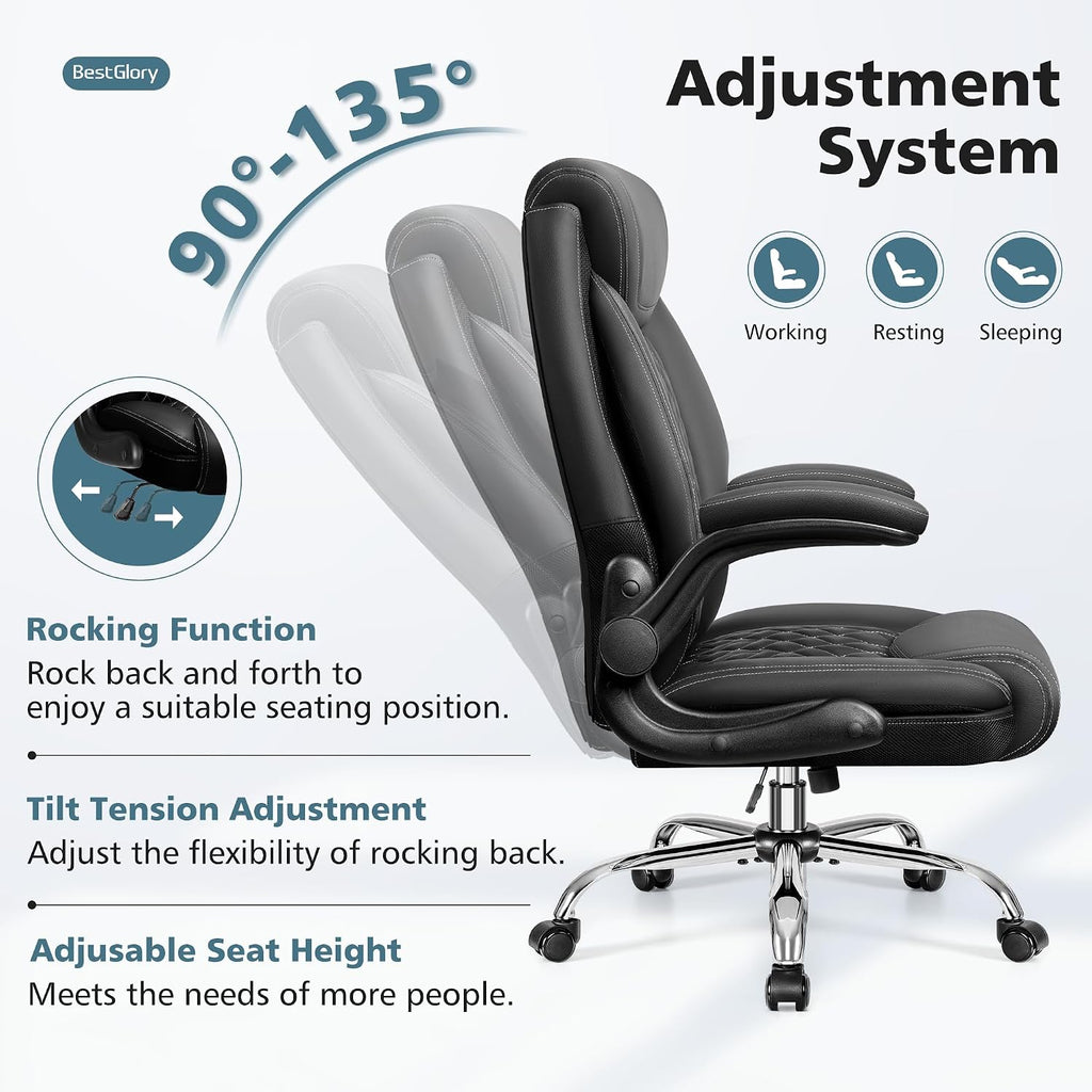 BestGlory Office Chair, Ergonomic High Back Home Office Desk Chair, Big and Tall Breathable Leather Office Chair with Lumbar Support Flip-Up Armrests, Computer Gaming Chair with Rocking Function