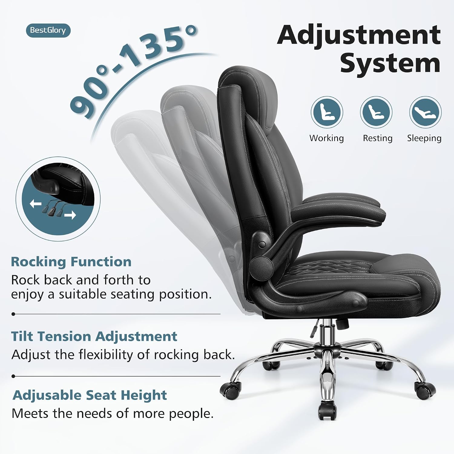 BestGlory Office Chair, Ergonomic High Back Home Office Desk Chair, Big and Tall Breathable Leather Office Chair with Lumbar Support Flip-Up Armrests, Computer Gaming Chair with Rocking Function