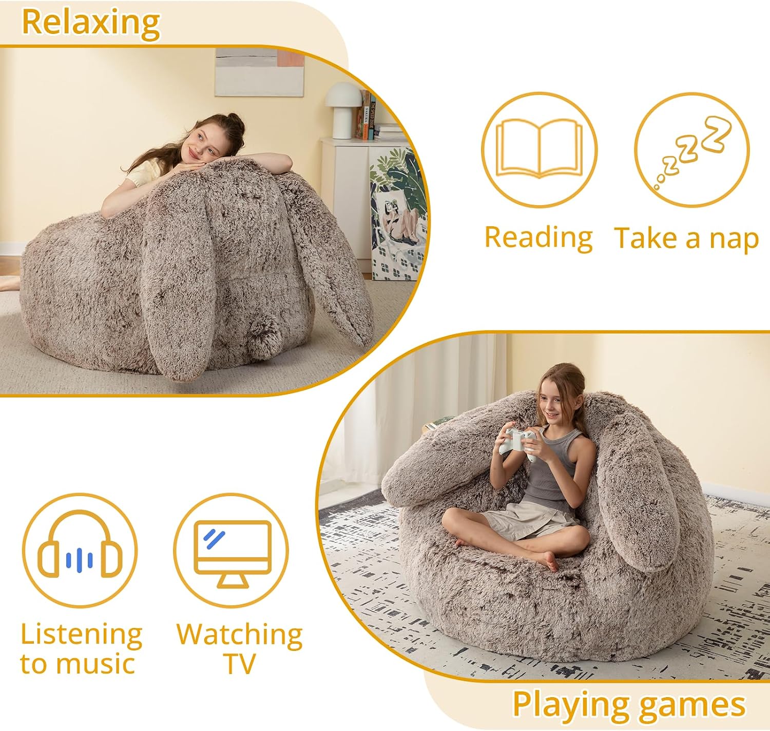 Achicsofar Bean Bag Chair for Adults Kids Giant Fluffy Plush Bean Bag Sofa with Filler Faux Fur Rabbit Shaped Beanbag Chairs Comfy Accent Floor Couch for Gaming, Reading in Bedroom, Living Room, Dorm