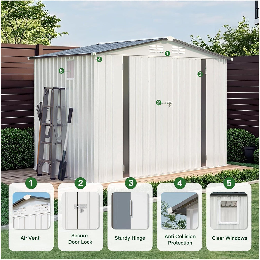 8X6 FT Metal Storage Shed,Tool Shed with Peaked Roof, Outdoor Storage Shed with Clear Window and Lockable Door, Garden Shed for Garden, Backyard,Patio,Sundries, White (8X6 FT)