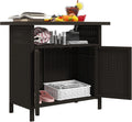 Outsunny Wicker Outdoor Storage Cabinet, Rattan Outdoor Bar Table with 2 Doors and Shelf, Outdoor Buffet Cabinet Sideboard with Metal Slatted Countertop for Poolside, Patio, Backyard, Dark Coffee