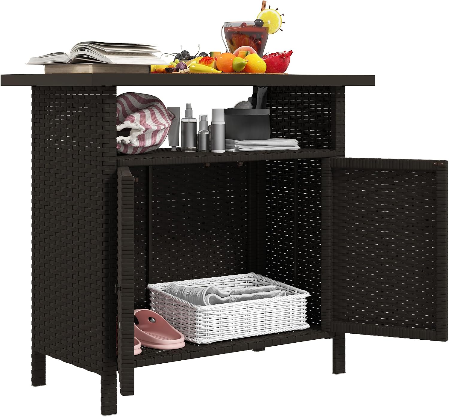 Outsunny Wicker Outdoor Storage Cabinet, Rattan Outdoor Bar Table with 2 Doors and Shelf, Outdoor Buffet Cabinet Sideboard with Metal Slatted Countertop for Poolside, Patio, Backyard, Dark Coffee
