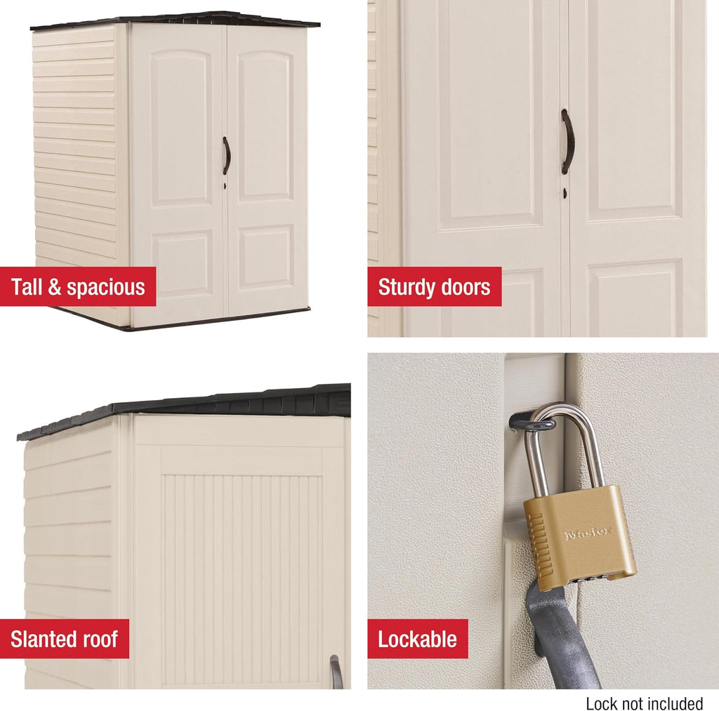 Rubbermaid Medium Vertical Resin Outdoor Storage Shed With Floor (4.3 x 4.6 Ft), Weather Resistant, Beige/Brown, Organization for Home/Backyard/Garden Tools/Lawn Mower/Bike Storage/Pool Supplies