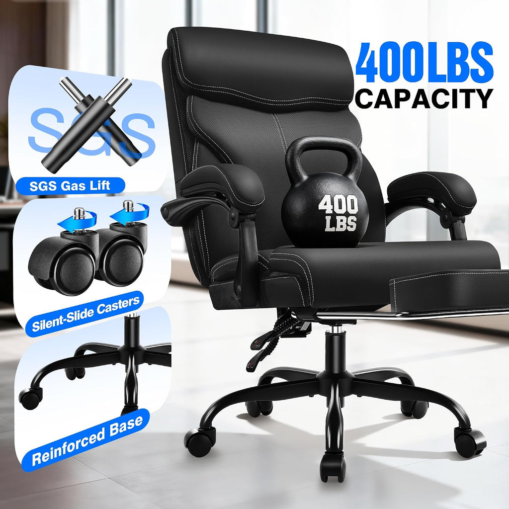 AreShark Office Chair - Ergonomic Comfortable High Back Computer Desk Chair with Foot Rest - Executive Breathable Swivel Rolling Reclining Leather Chair with Lumbar Support for Home Gaming Relaxing