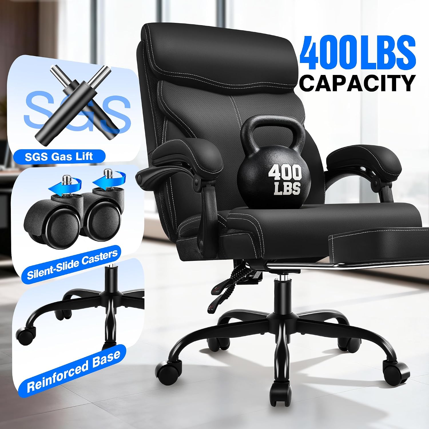 AreShark Office Chair - Ergonomic Comfortable High Back Computer Desk Chair with Foot Rest - Executive Breathable Swivel Rolling Reclining Leather Chair with Lumbar Support for Home Gaming Relaxing