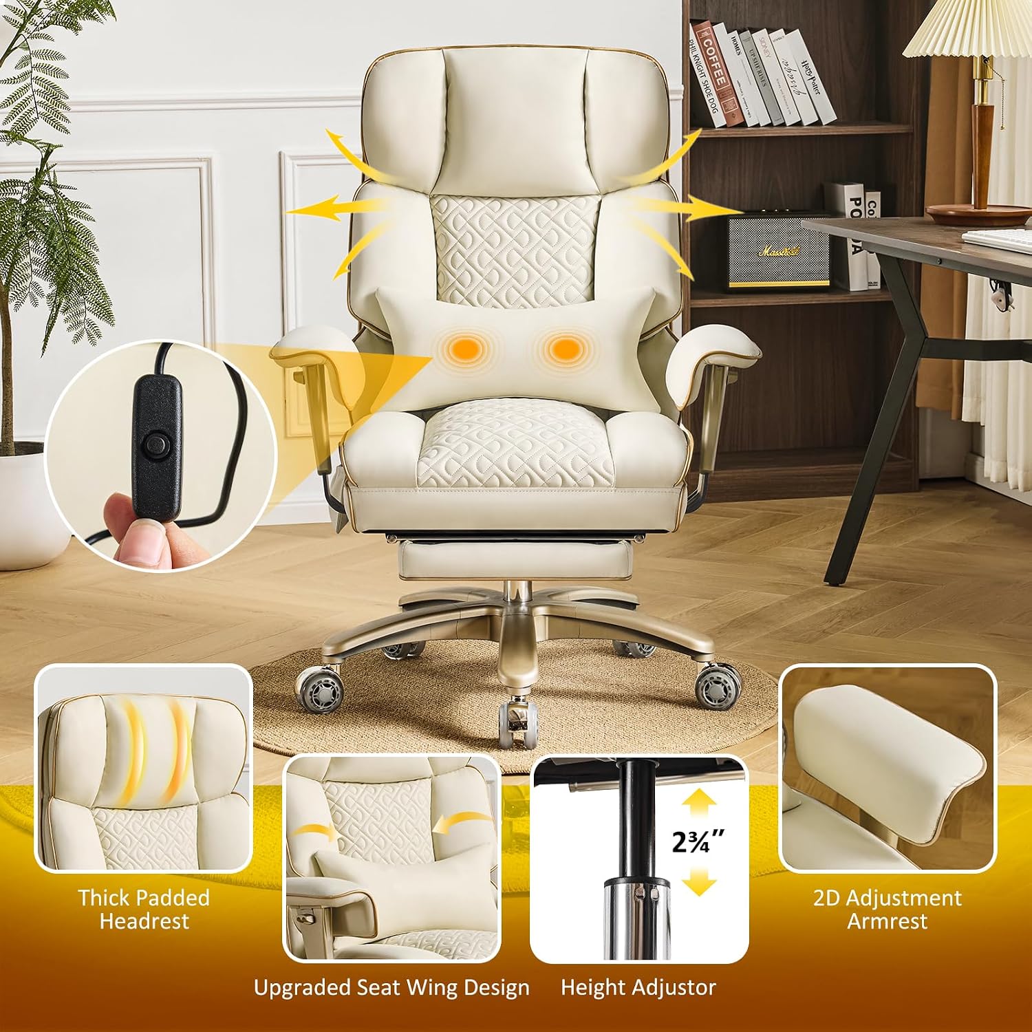 Leather Office Chair with Footrest, High-Back Executive Office Chair with Adjustable Lumbar Support, Luxury Desk Chair with Silent Wheels Rocking 360° Swivel, Height Adjustment,Beige