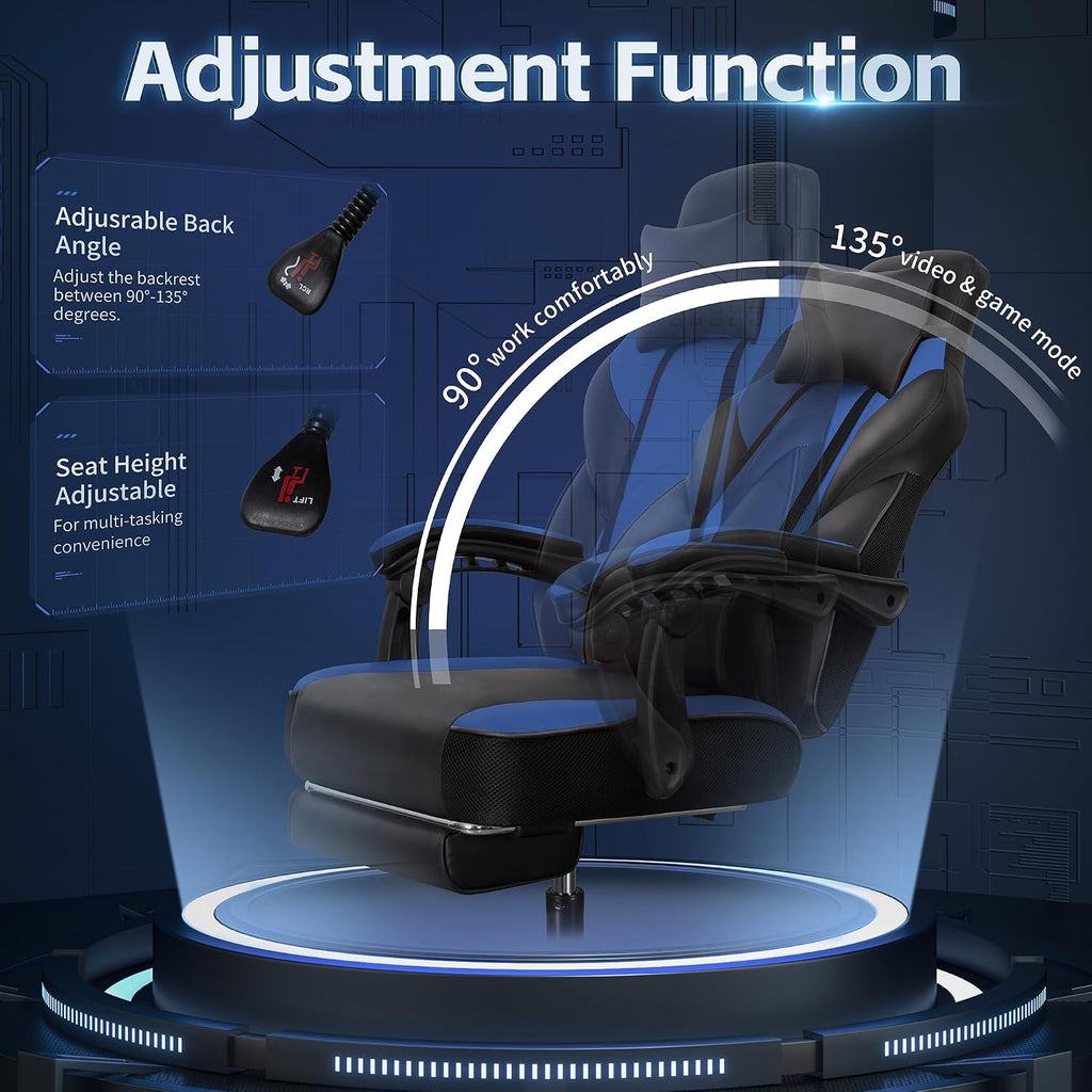 SUNLEI Gaming Chair for Adults, Ergonomic PU Leather Office Chair with Headrest & Footrest, Video Game Chairs with Massage Lumbar Support, Height Adjustable Computer Chair with 360° Swivel, Blue