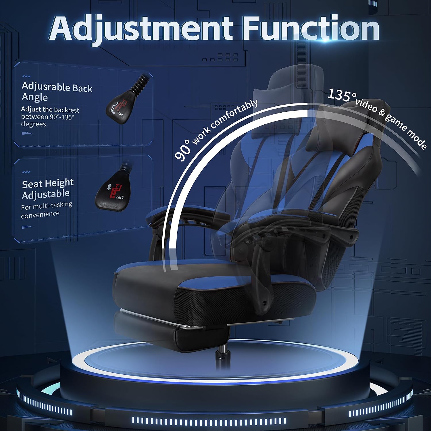 SUNLEI Gaming Chair for Adults, Ergonomic PU Leather Office Chair with Headrest & Footrest, Video Game Chairs with Massage Lumbar Support, Height Adjustable Computer Chair with 360° Swivel, Blue
