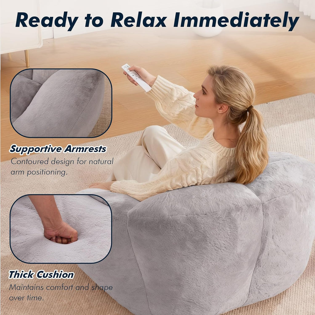 3.28 Feet Bean Bag Chair for Adults, Shell-Shaped Bean Bag Lazy Couch, Faux Fur Cloud Sofa Chair, Lounge Floor Sofa with Filler for Reading, Gaming & Watching, No Assembly Required (Light Grey)
