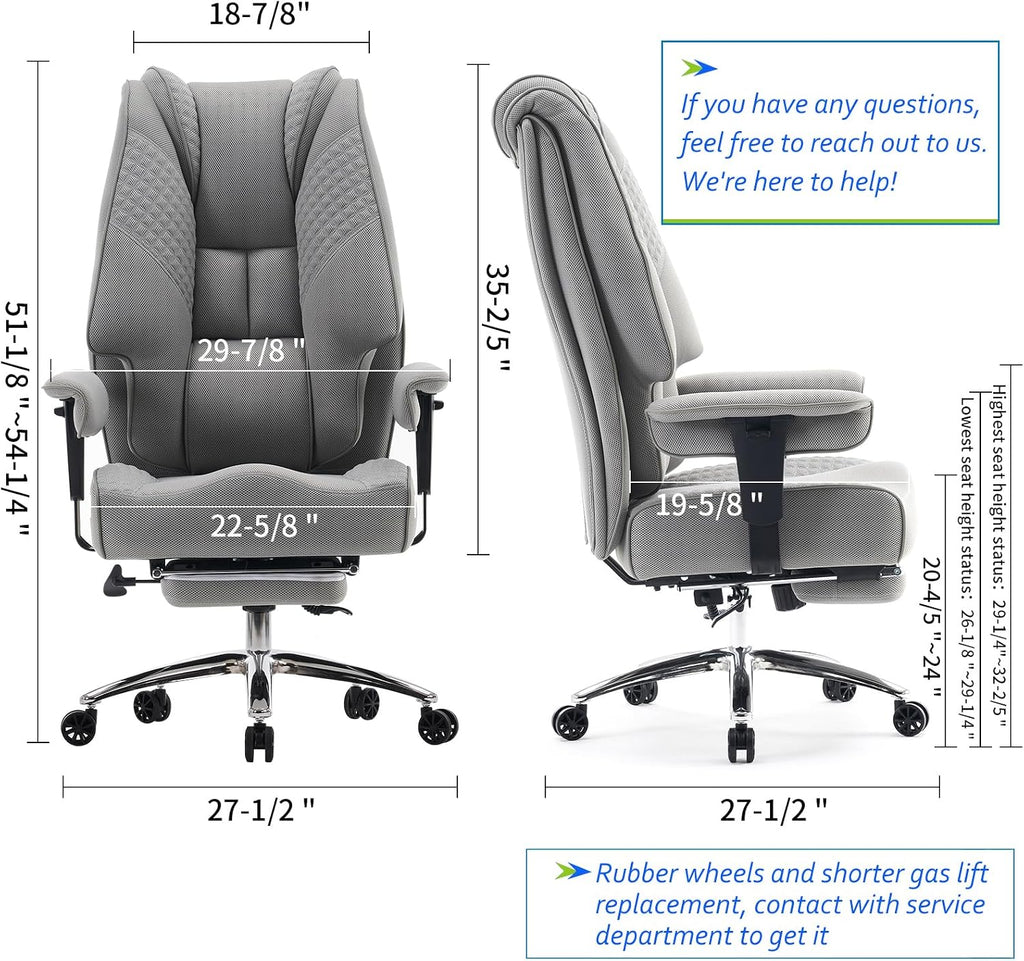 EXCEBET Big and Tall Office Chair 400lbs Wide Seat, Leather High Back Executive Office Chair with Foot Rest, Ergonomic Chairs Lumbar Support for Lower Back Pain Relief (Mesh Light Grey)