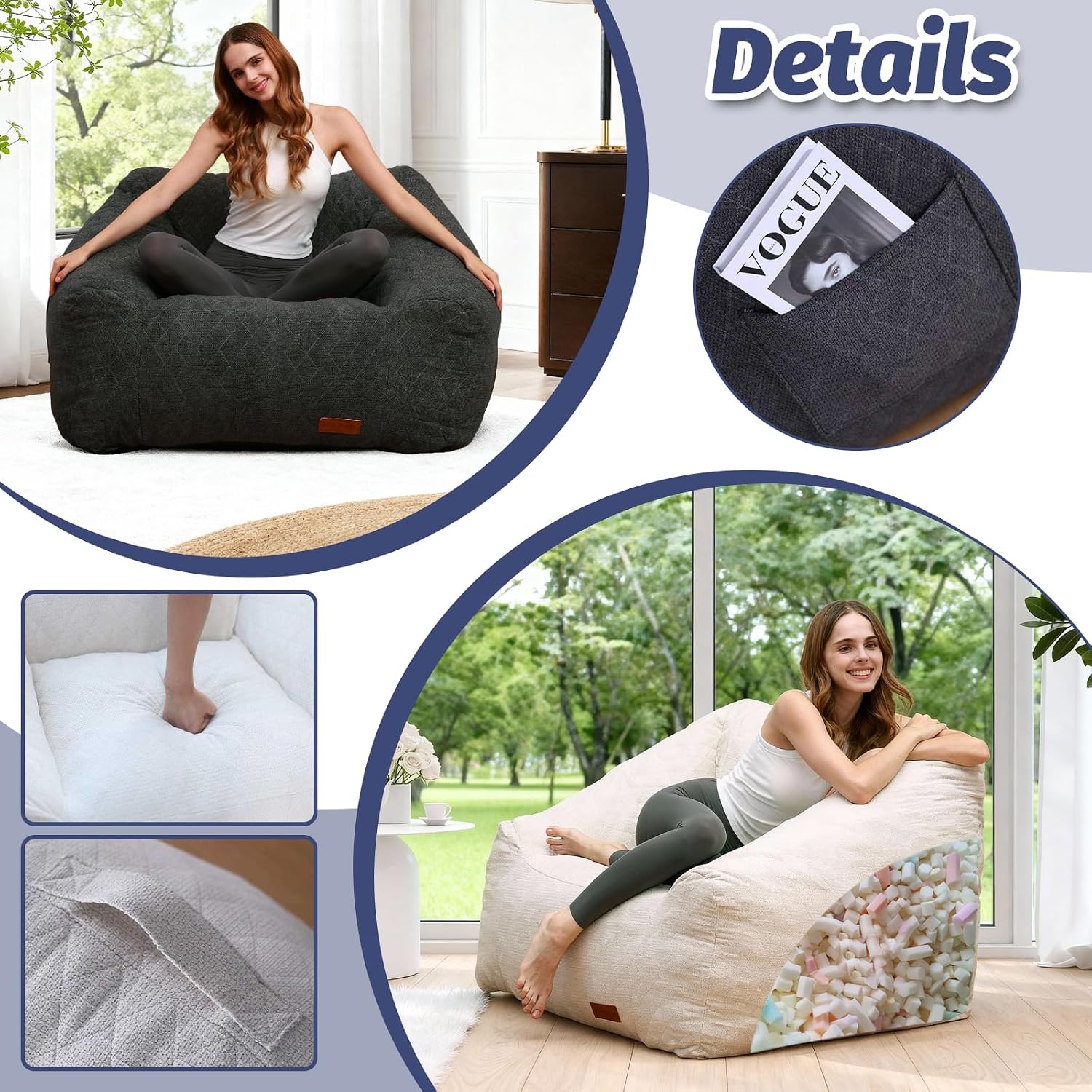 Bean Bag Chair with Memory Foam Filling- Large Stuffable Soft Giant Beanbag Reading Chair, Adults Lounge Gaming Lazy Sofa Bed for Living Room Bedroom- Beige, Quilted Linen