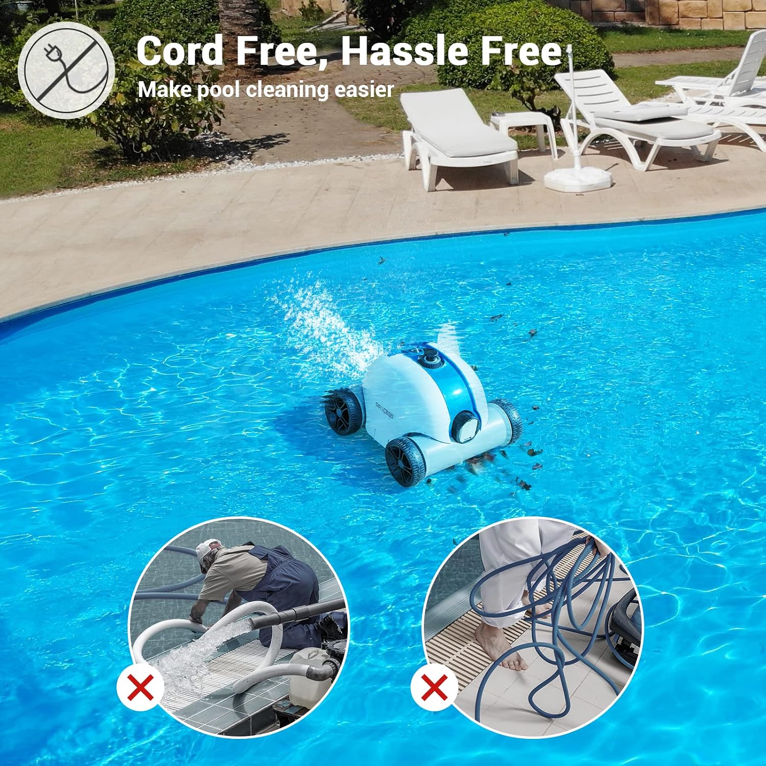 Cordless Robotic Pool Cleaner, Automatic Pool Vacuum with 60-90 Mins Working Time, Rechargeable Battery, IPX8 Waterproof for Above/In-Ground Swimming Pools Up to 861 Sq Ft