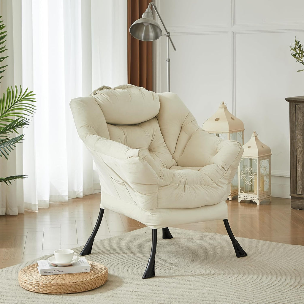 HollyHOME Lazy Chair with Armrest and Side Pocket, Comfy Accent Lounge Chair,Leisure Sofa Armchair for Living Room, Bedroom, Dorm, or Small Spaces, Oversized Reading Sofa Chair,Velvet Beige