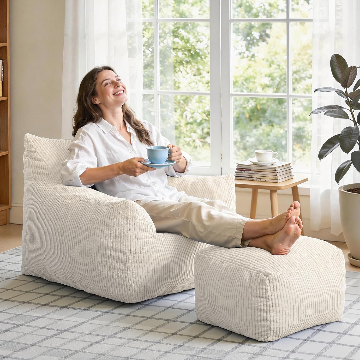 Bean Bag Chair with Ottoman, Cloud Boneless Couch - Oversized Memory Foam Beanbag Set, Ultimate Gift for Adults & Teens, Plush Corduroy Comfy Lounge Sofa for Bedroom, Dorm & Living Room (Beige)