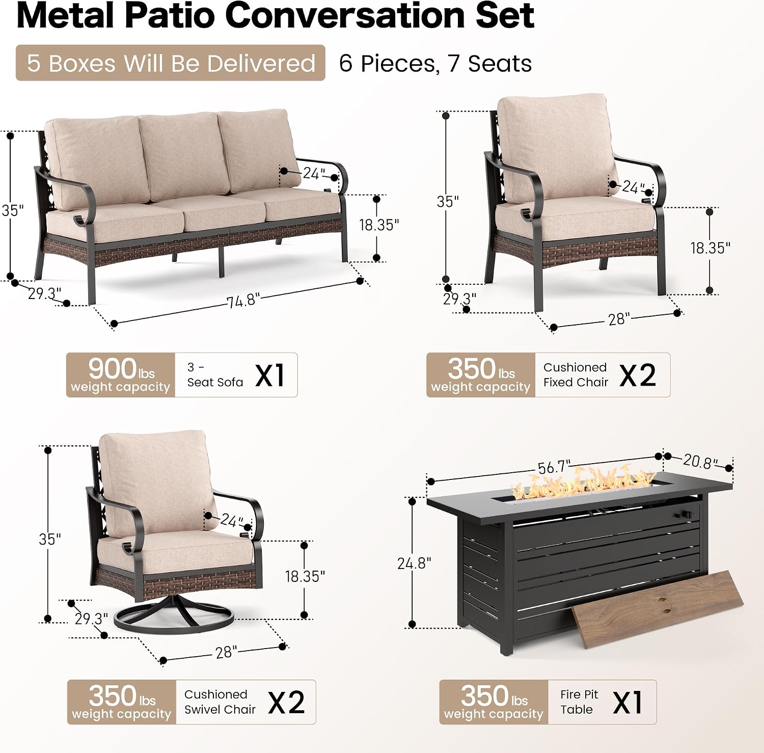 SUNSHINE VALLEY 6 Piece Metal Outdoor Patio Furniture Sets with Firepit Table, Patio Conversation Sets 1 3-Seater Sofa, 2 Leg Chair and 2 Swivel Chair with 5.75' Cushion for Backyard Deck, Beige
