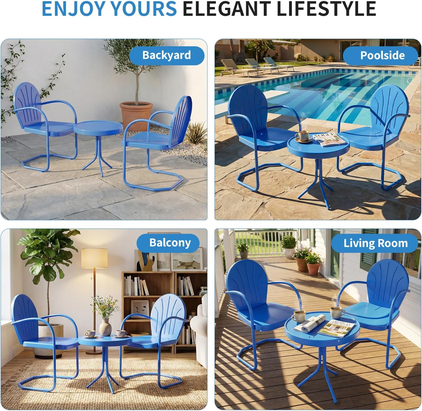 3 Pieces Patio Bistro Set, Retro Metal Outdoor Seating Conversation, 2 C-Spring Retro Metal Patio Chairs and Round Side Table, for Balcony, Yard, Garden (Blue)