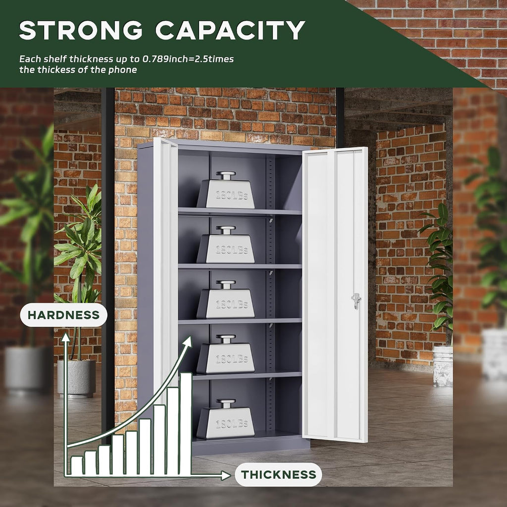 Greenvelly Metal Storage Cabinet with 2 Doors and 4 Adjustable Shelves, Lockable Steel Tool Cabinet for Home, Office, Garage, Classroom (Grey White)