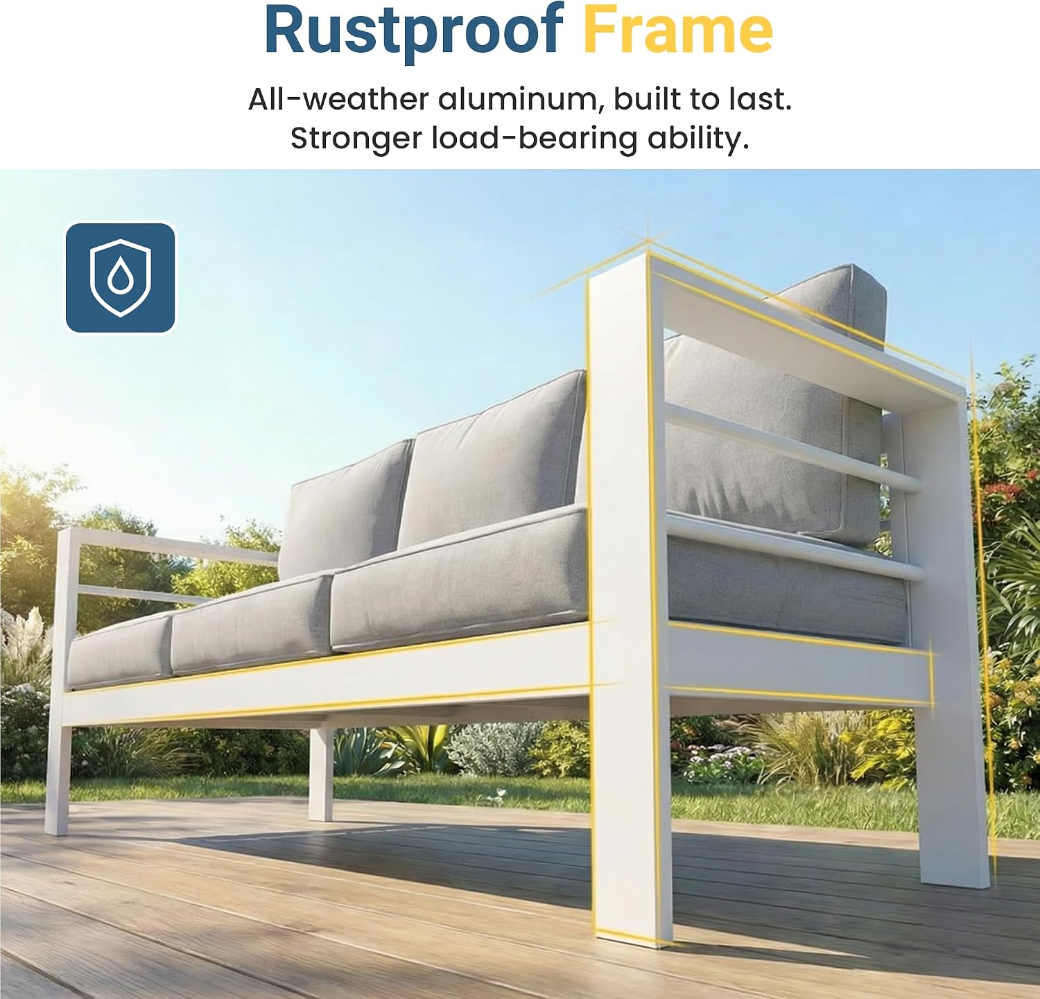 Wisteria Lane Aluminum Outdoor Patio Furniture Set, Modern Patio Conversation Sets, Outdoor Sectional Metal Sofa with 5 Inch Cushion and Coffee Table for Balcony, Garden, Light Grey