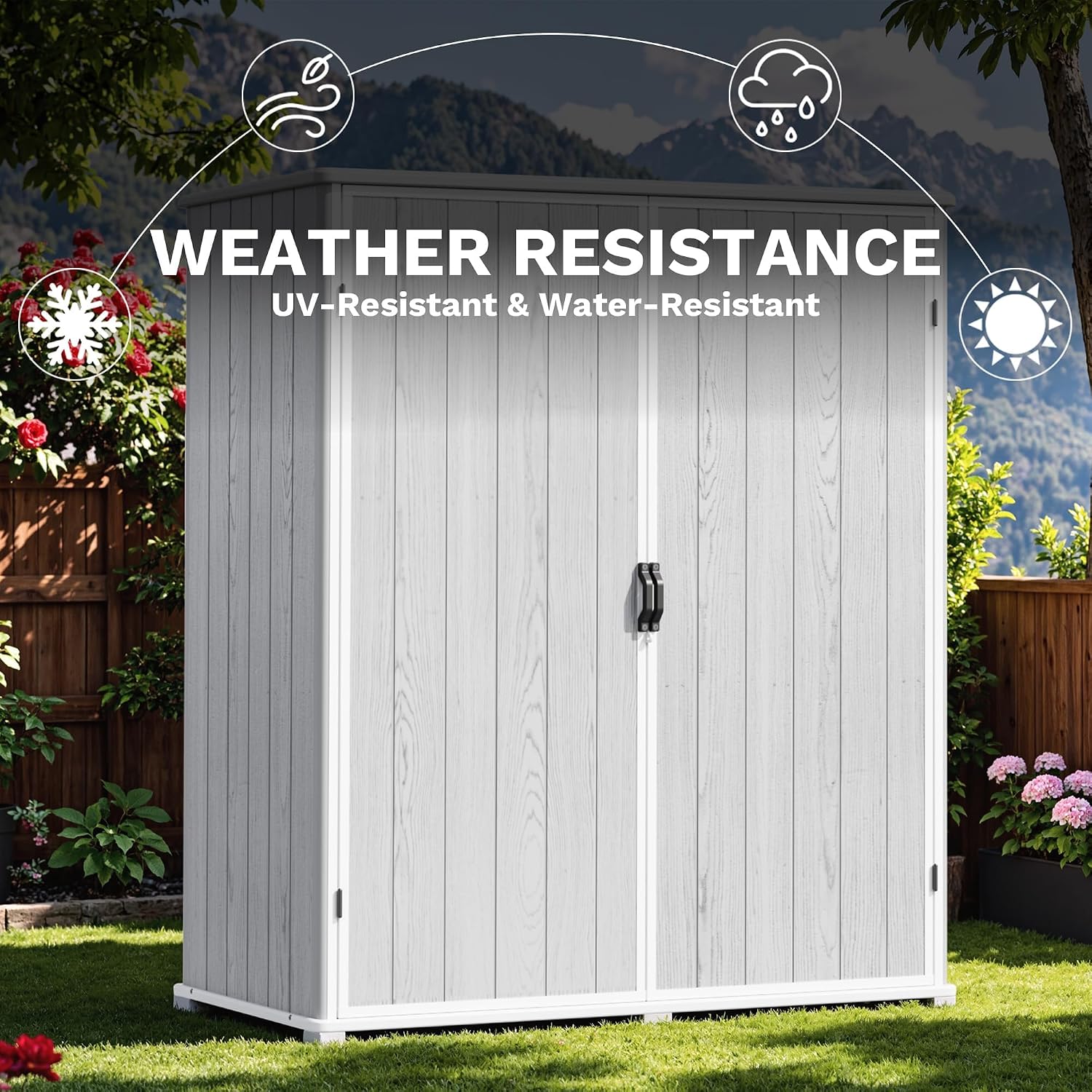 Devoko 5x3 FT Plastic Storage Shed with Floor, Small Resin Vertical Outdoor Storage Cabinet with Lockable Door, Waterproof Tool Garden Shed for Patio Lawn Backyard, Light Gray