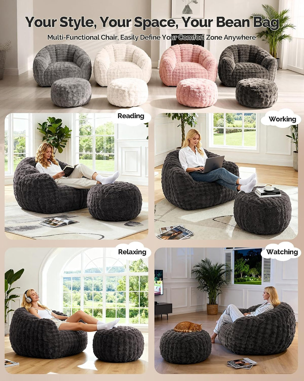 KINGYES Giant Bean Bag Chair with Ottoman, 3 in 1 Bean Bag Couch with Memory Foam Filler,Gaming Chair for Adults, Bean Bag for Kids & Teen, Dark Gray