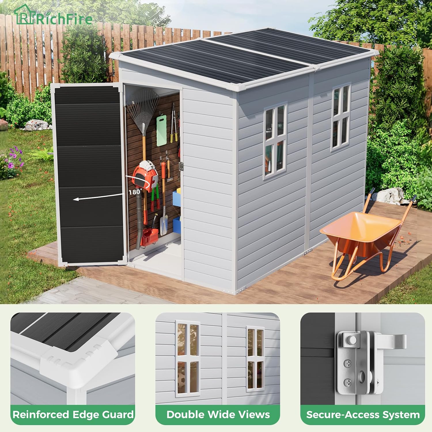 4x8 FT Outdoor Storage Shed with Floor, Upgraded Frame & 16mm Thickened Resin Walls, Space-Saving Lean-to Tool House with 2 Windows & Lockable Single Door for Side Yard