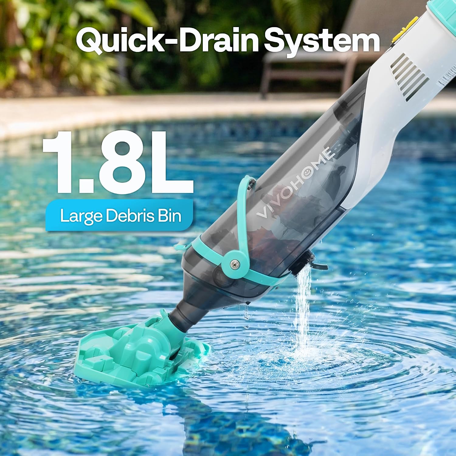 VIVOHOME Handheld Pool Vacuum 1110 GPH Suction Cordless Pool Cleaner 40W Powerful Motor Long-Run 60min Battery, Adjustable 9.12FT Pole for Above Ground & In-Ground Pools, Spas - Green