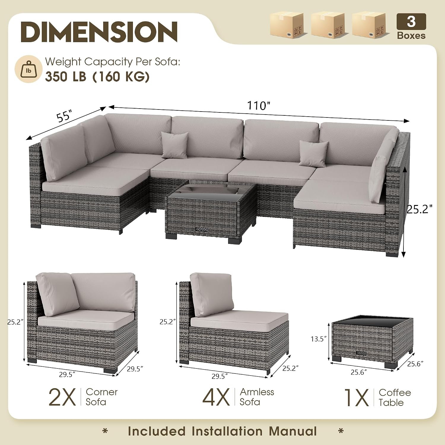 LHBcraft 7 Piece Patio Outdoor Furniture Set, Outdoor Sectional, All-Weather Hand-Woven Wicker Patio Sectional Sofa, Rattan Outside Furniture with Grey Cushion and Glass Coffee Table