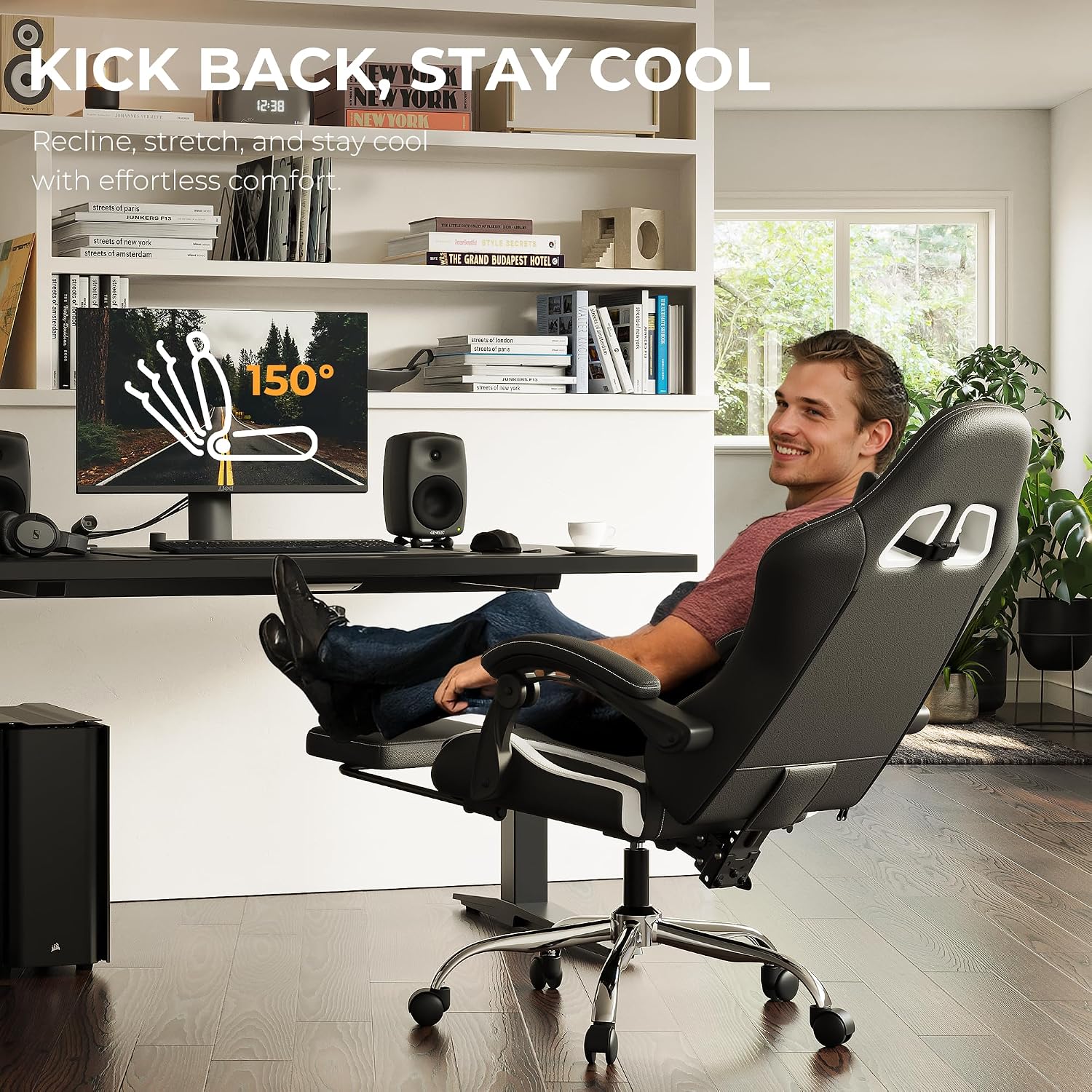 Gaming Chair with Footrest & Massage Lumbar, Ergonomic Computer Chair 330lbs with Headrest Pillow for Office, Home, Streaming and Long Gaming Sessions, White