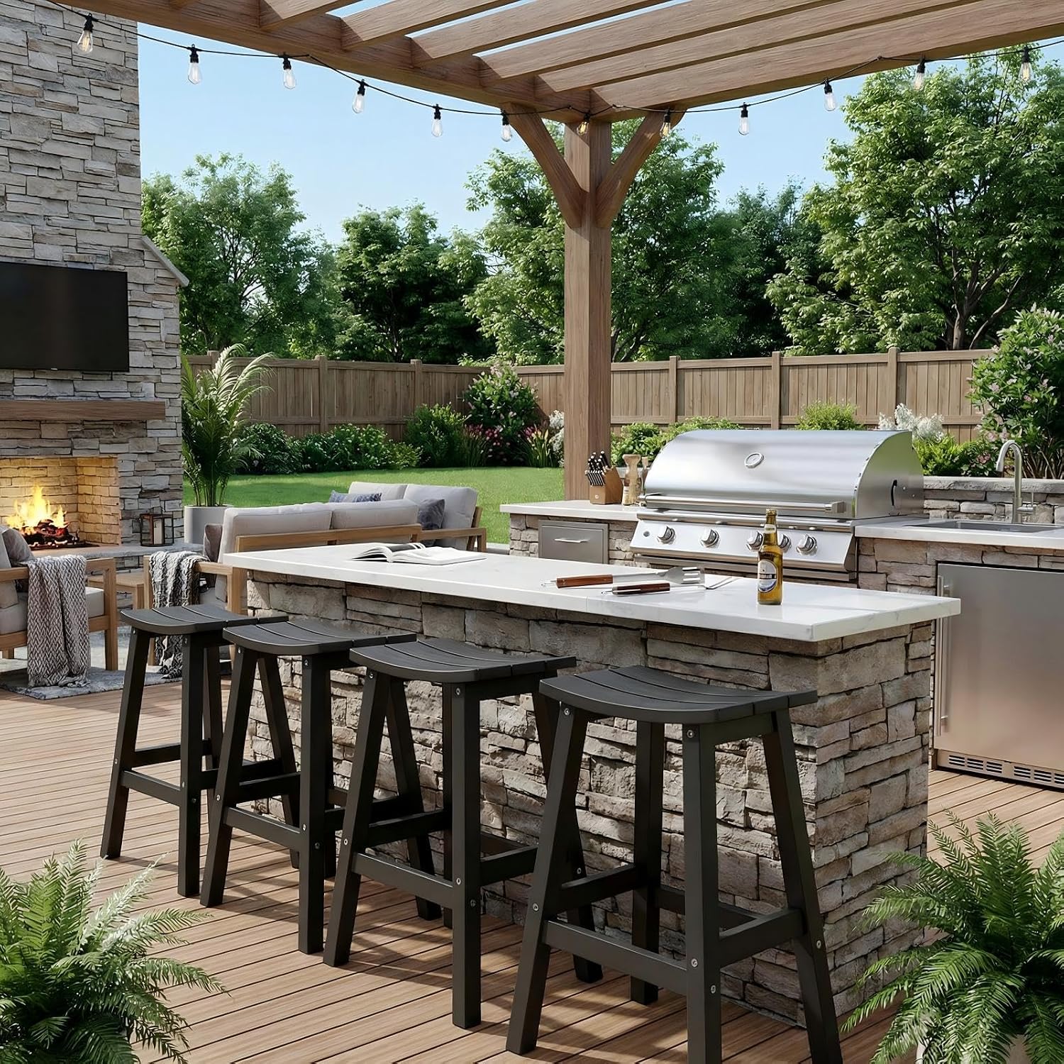 Stoog 3-Piece Patio Bar Set – All-Weather HIPS Outdoor Bar Stools Set of 2, Counter Height Bar Table with Waterproof Top, Fade & Rot Resistant, for Backyard, Deck, Garden, Black