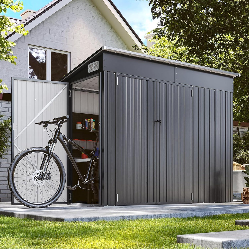 8'x4' Outdoor Storage Shed with Triple Door Lean to Metal Sheds Weatherproof UtilityGalvanized Steel Sheds, Dual Lock Shed with Sloped Roof for Mower, Bike,Generator, Garden Tools (Black)