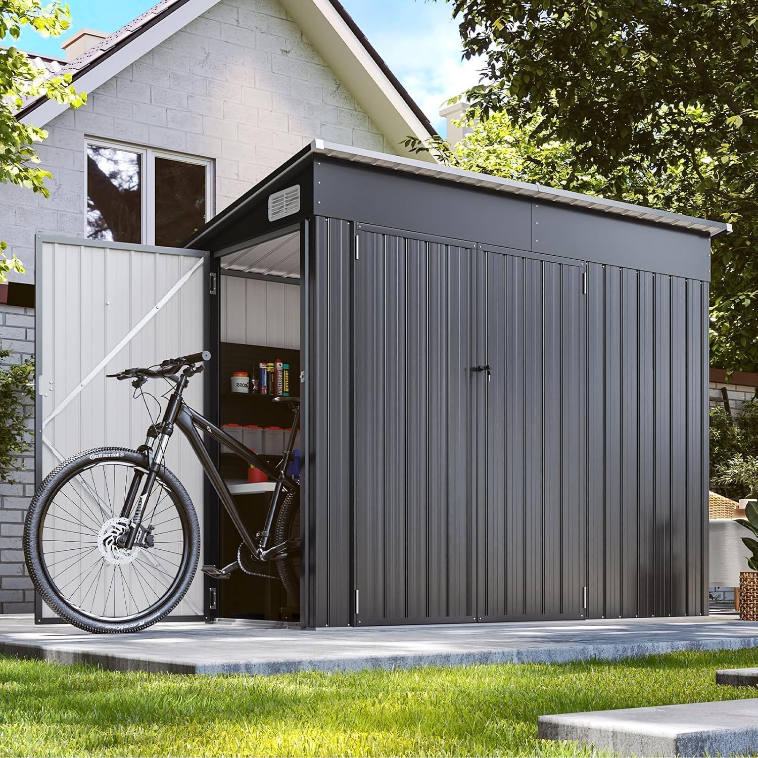 8'x4' Outdoor Storage Shed with Triple Door Lean to Metal Sheds Weatherproof UtilityGalvanized Steel Sheds, Dual Lock Shed with Sloped Roof for Mower, Bike,Generator, Garden Tools (Black)