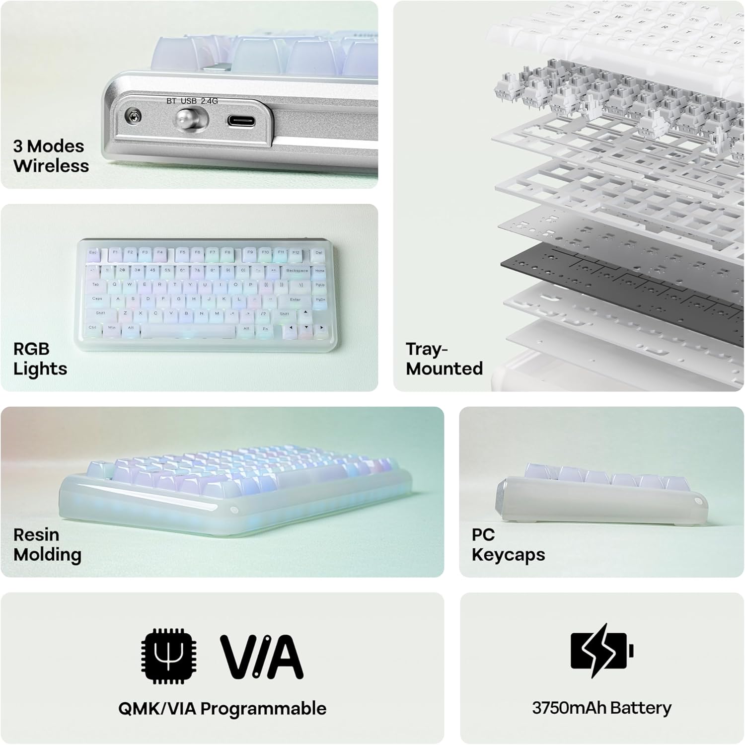 KiiBoom Jade75 75% Resin Molding Mechanical Keyboard, BT5.0/USB-C/2.4GHz Wireless Gaming Keyboard, QMK&VIA Programmable, RGB Backlits, Hot-Swappable, CNC+UV Case for Windows/Mac/Linux (Clear)