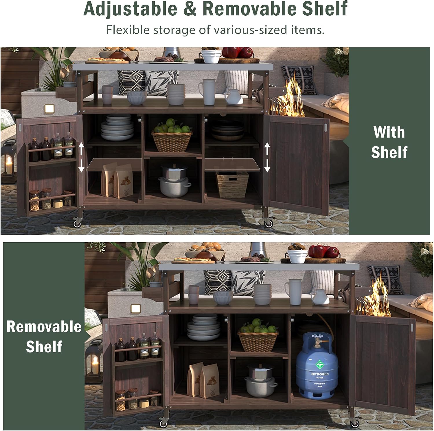 Outdoor Grill Carts for Patio Graden BBQ with Storage Cabinet, Home Rolling Kitchen Island Bar Cart with Stainless Steel Top, Food Prep Table with Shelves, Spice Rack & Towel Holder (Dark Brown)
