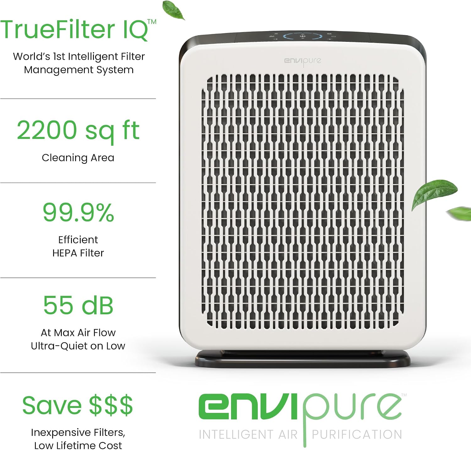 EP-300 EnviPure HEPA Air Purifier – Large Room Air Purifier Covers Up to 2200 Sq Ft, Removes Pollen, Dust, Smoke, Pet Hair, Odors & More - Real Time Smart TrueFilter IQ™ HEPA Filter Life Monitoring