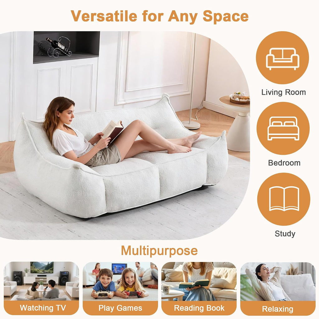 White Bean Bag Chair for Adults & Kids, Ergonomic Big Bean Bag Sofa with Full Body Support, Faux Fur Beanbag Chair, Stuffed Floor Sofa for Living Room, Bedroom, Apartment, White (2 Seat)