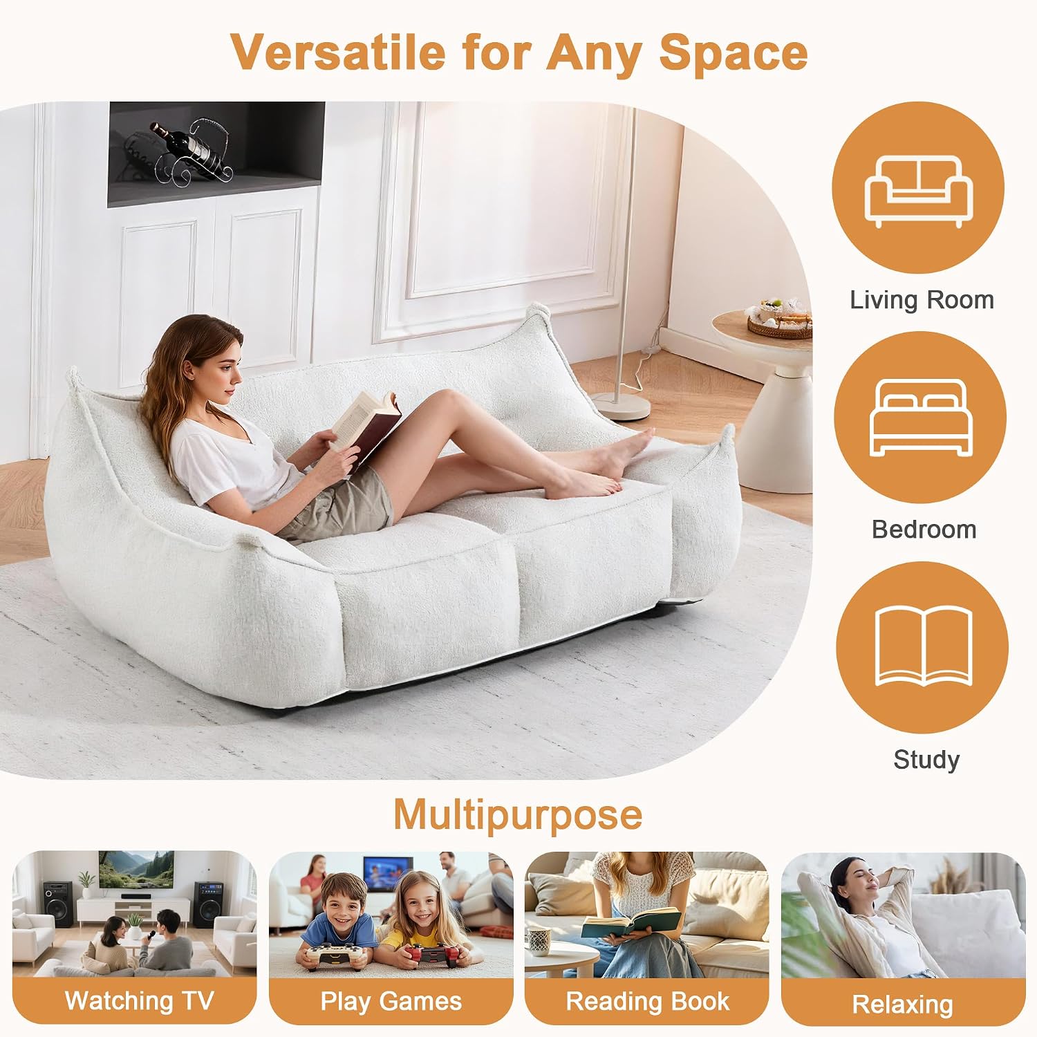 White Bean Bag Chair for Adults & Kids, Ergonomic Big Bean Bag Sofa with Full Body Support, Faux Fur Beanbag Chair, Stuffed Floor Sofa for Living Room, Bedroom, Apartment, White (2 Seat)