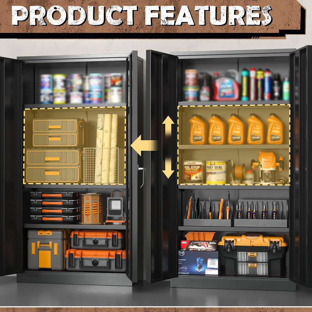 INTERGRAET Metal Storage Cabinet with Adjustable Shelves, Garage Storage Cabinets with Doors and Shelves, File Cabinets for Home Office, Kitchen Pantry Cabinet, 72''H, Black