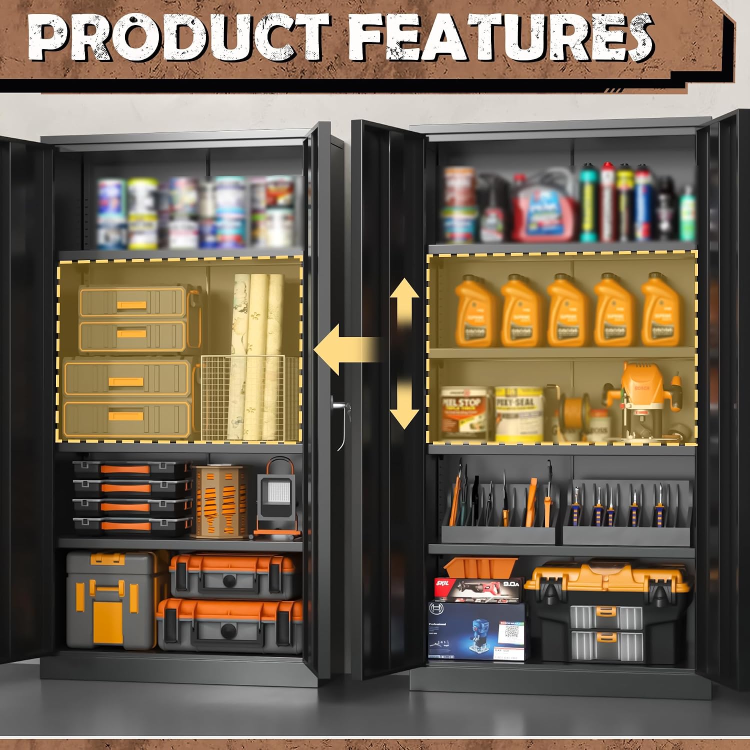 INTERGRAET Metal Storage Cabinet with Adjustable Shelves, Garage Storage Cabinets with Doors and Shelves, File Cabinets for Home Office, Kitchen Pantry Cabinet, 72''H, Black