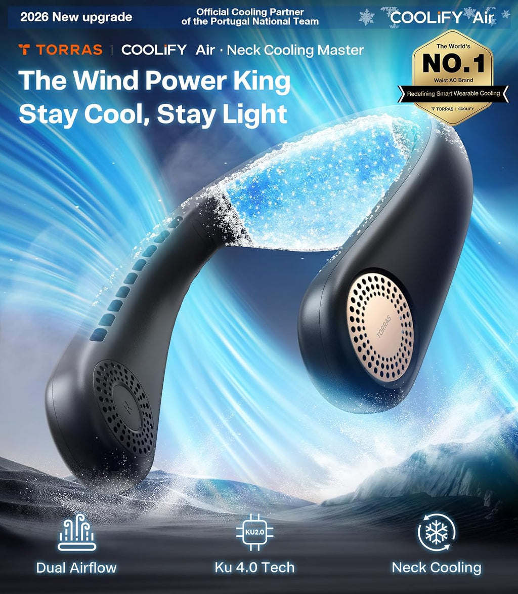 TORRAS COOLiFY Air 2026 Upgraded Neck Fan Air Conditioner, Dual-Airflow Pro Cooling, Ultra Light Portable Fan Rechargeable, Personal Cooling Fan Travel Essentials, Gift for Mom Wife Mother, Black